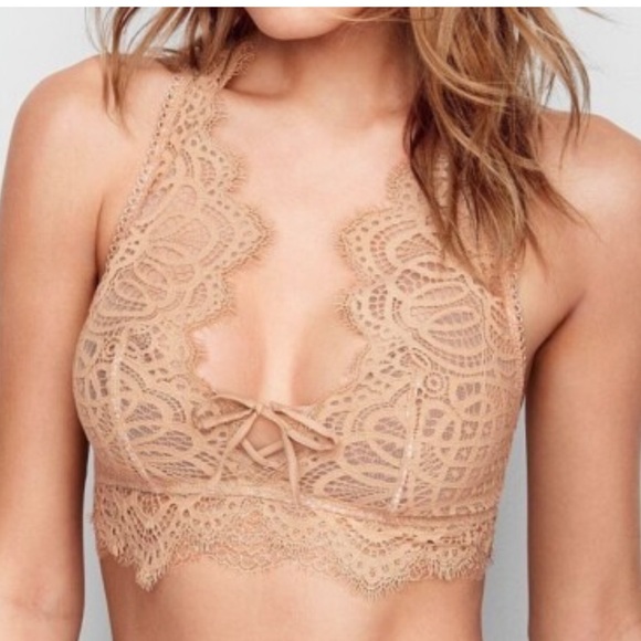 VICTORIA’S SECRET Dream Angels Lace Tan Taupe Mesh Racerback Bralette Medium - Picture 1 of 12